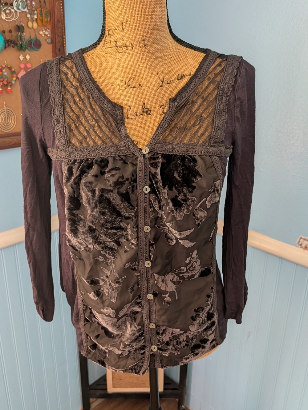 Anthropologie Black Velvet Burnout Floral Button Cardigan